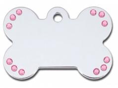 Engraved ID Tag:  Small Bone Shape Chrome with Pink Sparkle Stones