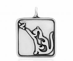 Cat with Bird Pendant- Sterling Silver